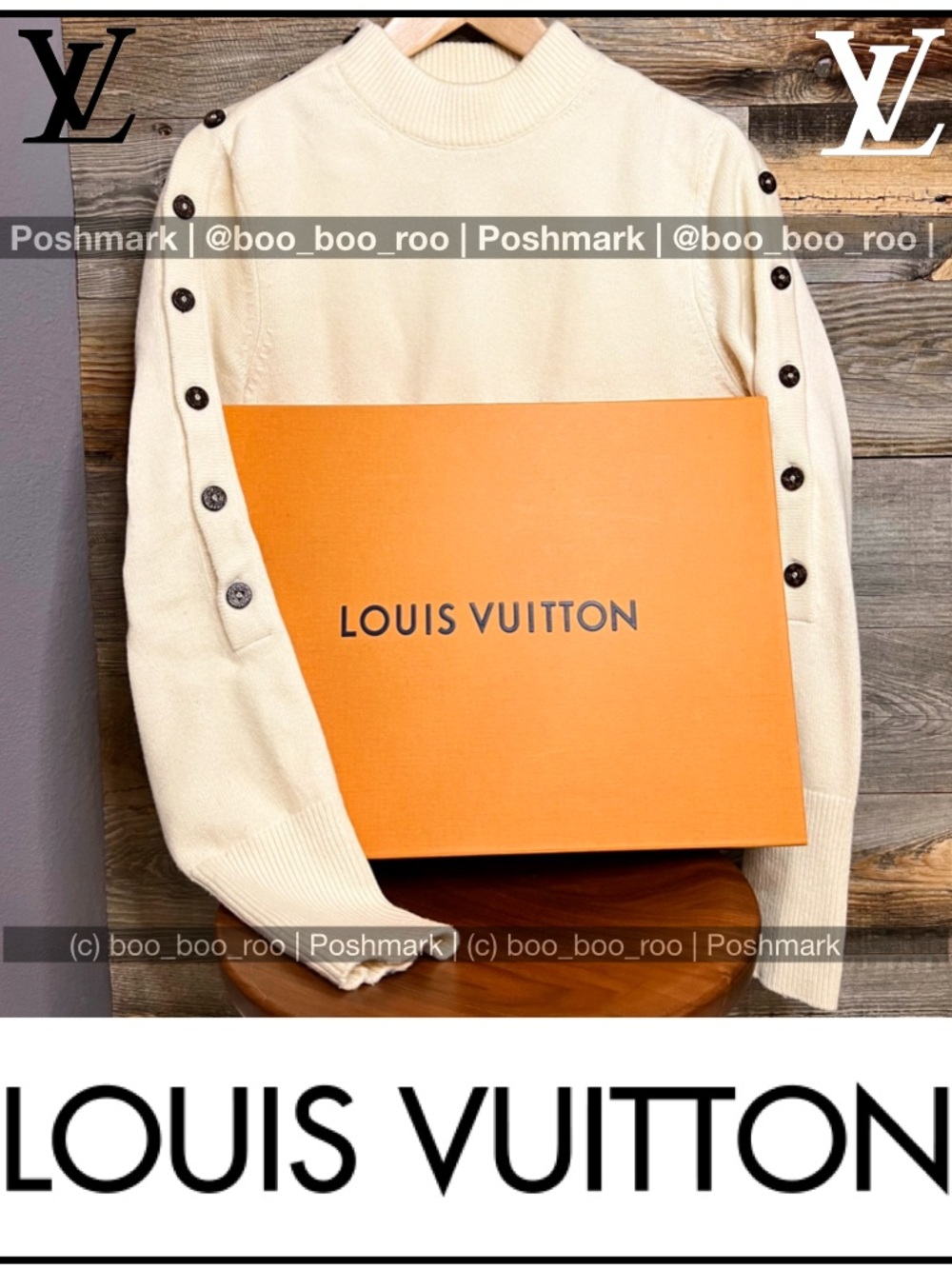 Louis Vuitton Cream Button-Lined (Neck, Shoulder, Arm) Knit Sweater, Authentic